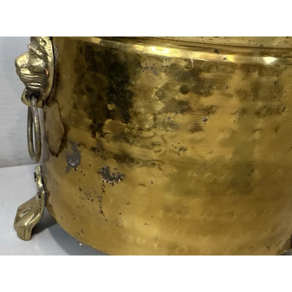 Vintage Brass Lion Head Planter Hollywood Regency Footed Cachepot Plant Pot 7